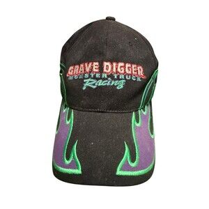 Vintage Grave Digger Monster Truck Racing Flame Hat Black Green Purple Strapback